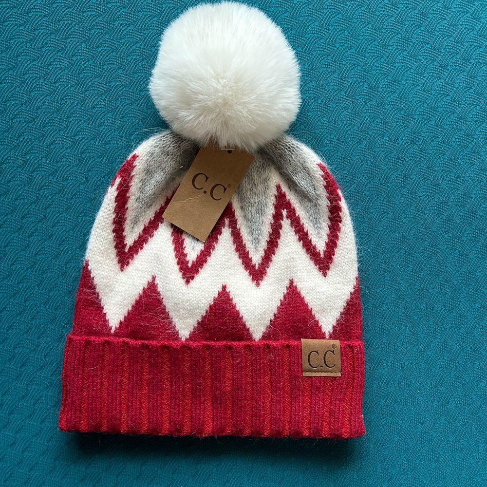 C.C. Unisex Winter Pom Beanie Red White Gray Zigzag Knit Hat NWT